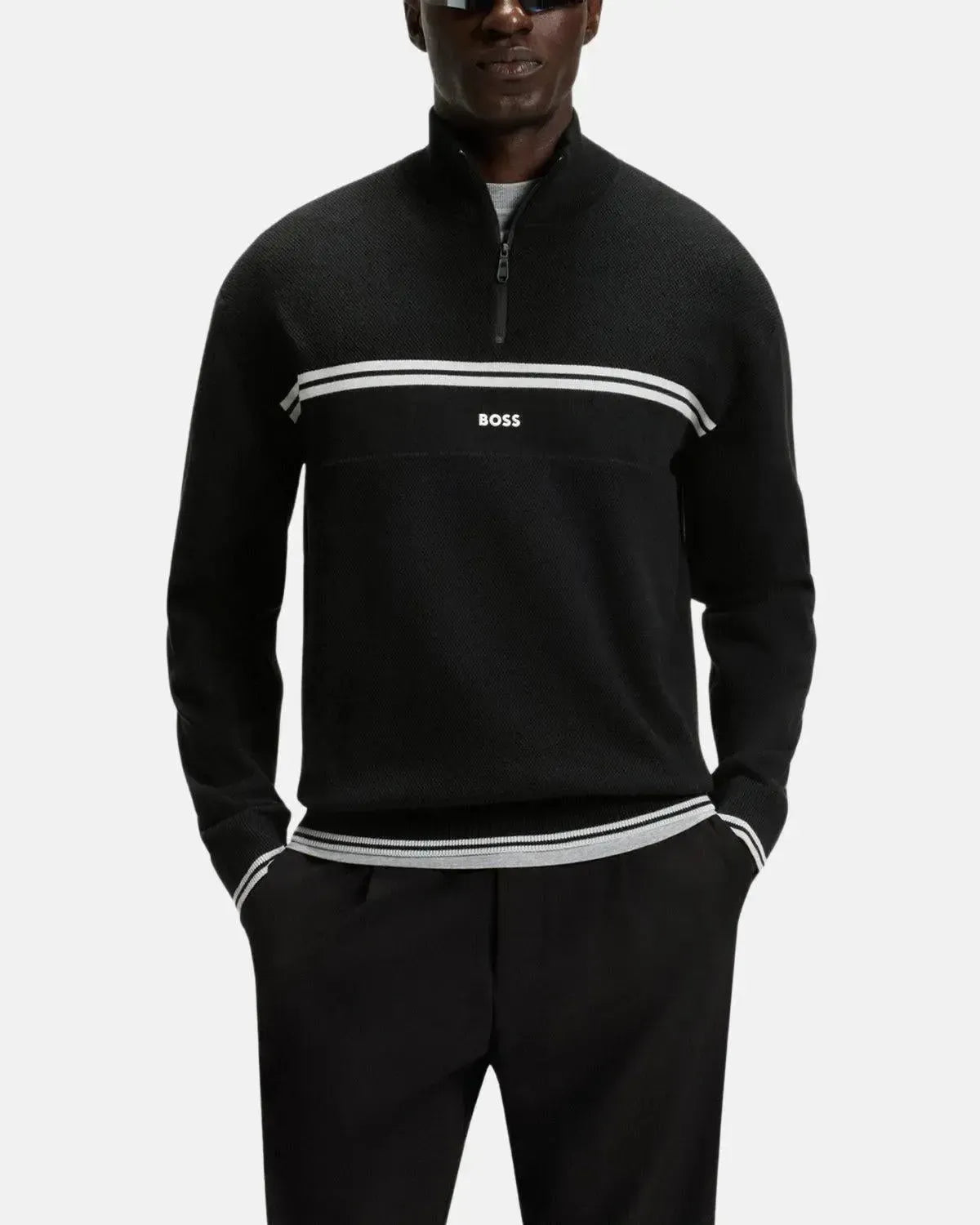 BOSS K-ZONE STRIPE DETAIL 1/4 ZIP KNIT BLACK