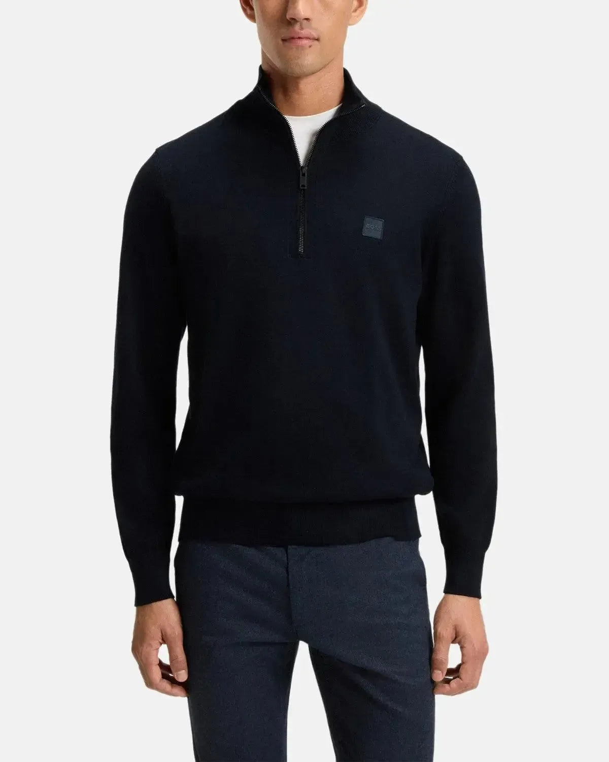 BOSS KANOBIX 1/4 ZIP COTTON CASHMERE KNIT DARK BLUE