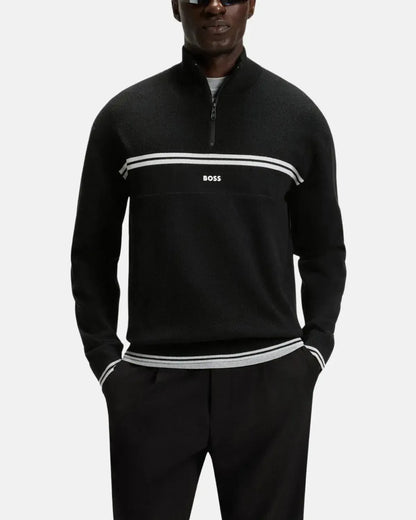 BOSS K-ZONE STRIPE DETAIL 1/4 ZIP KNIT BLACK
